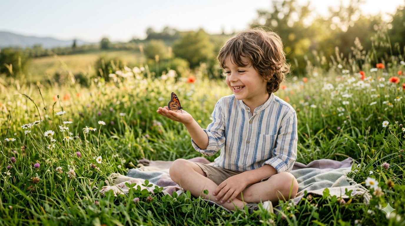 bambino gioca felice tocca farfalla sul prato